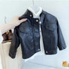 A black faux leather zipper jacket displayed on a white mannequin.
