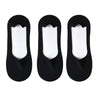 Three black silicone grip no-show socks displayed side by side.