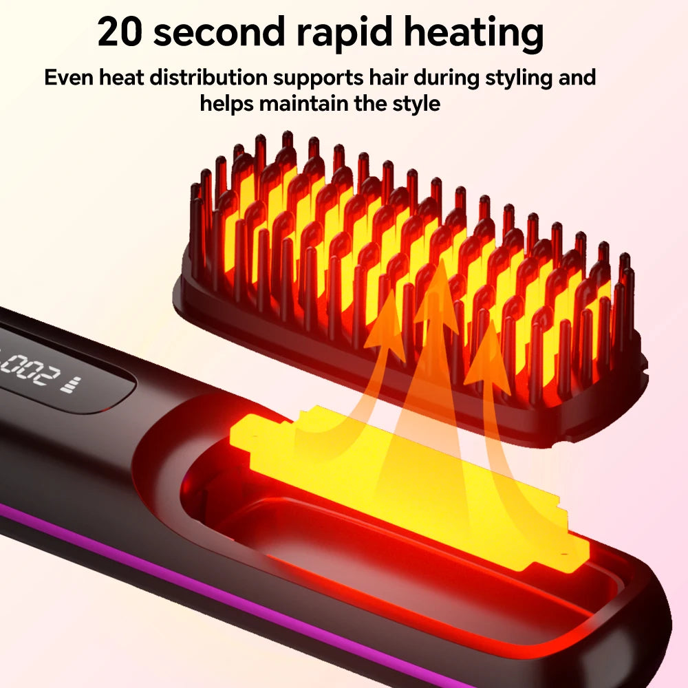 A black hair straightening brush is shown heating hair with bright orange light and steam rising from the heated section.