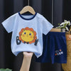 A light blue kids' short-sleeve t-shirt and matching shorts set featuring a yellow lion print.