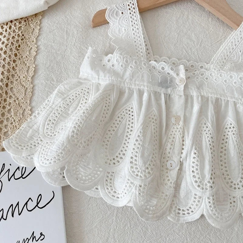 White lace-trimmed vest top and matching skirt set for girls