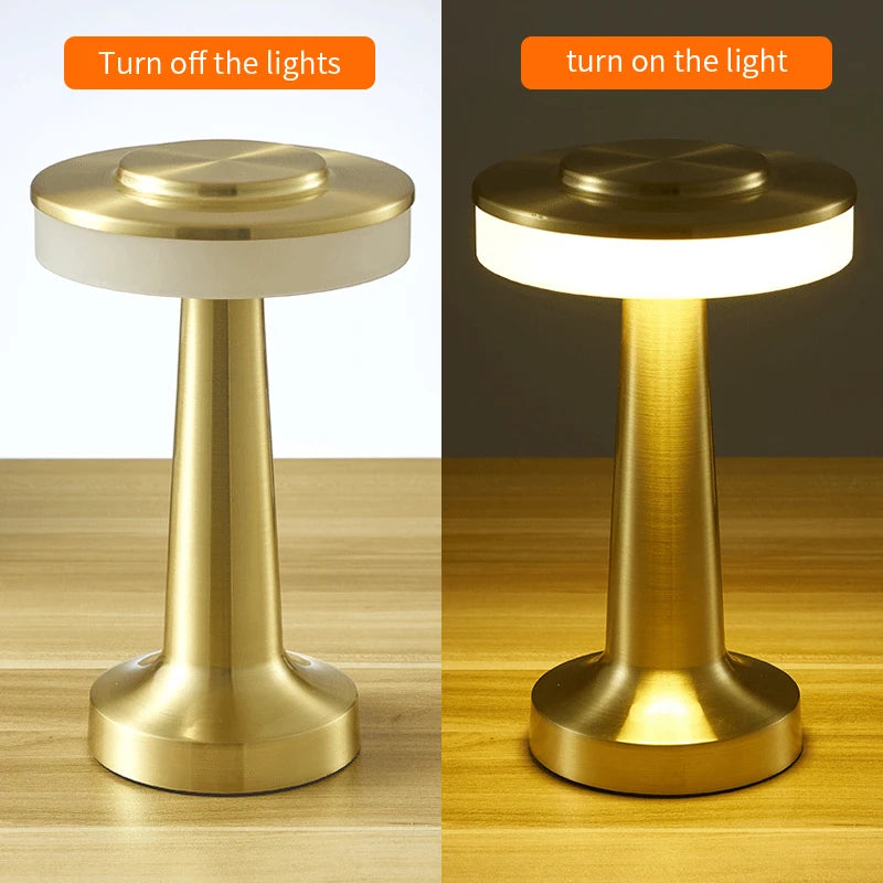 A rechargeable touch table lamp with a brass base and white shade, shown in both off and on states.