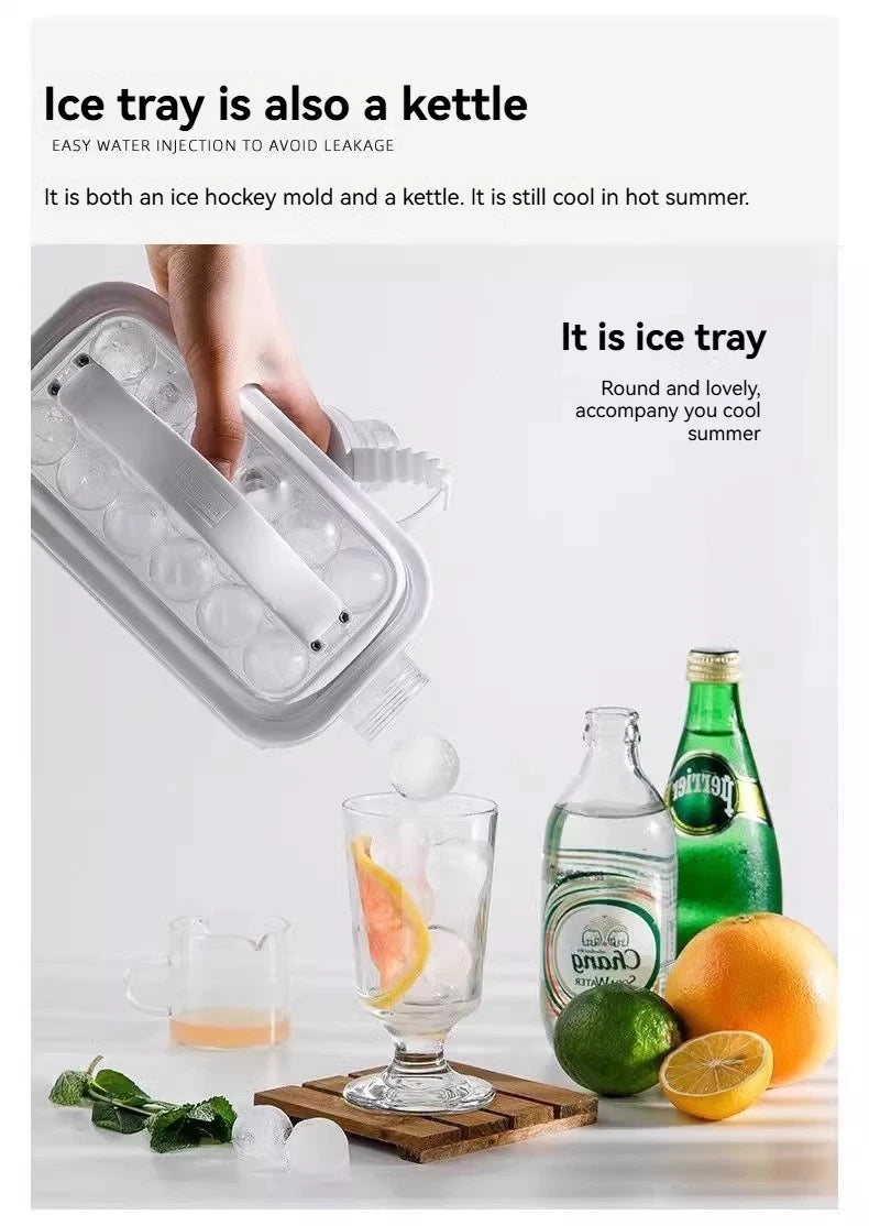 A hand is shown using a portable ice tray that is also a kettle to make ice cubes.