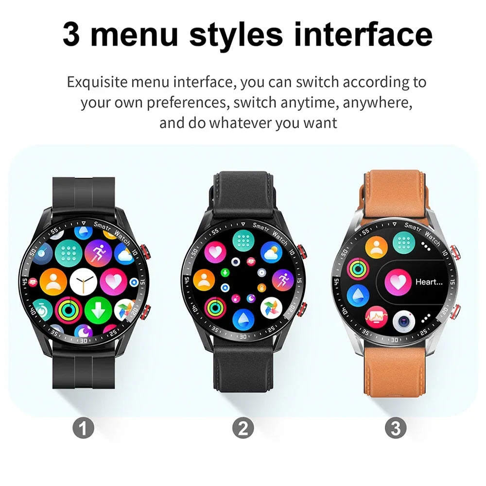 Tre stilarter af et premium Bluetooth-smartwatch med touchscreen og sundhedsovervågningsfunktioner.