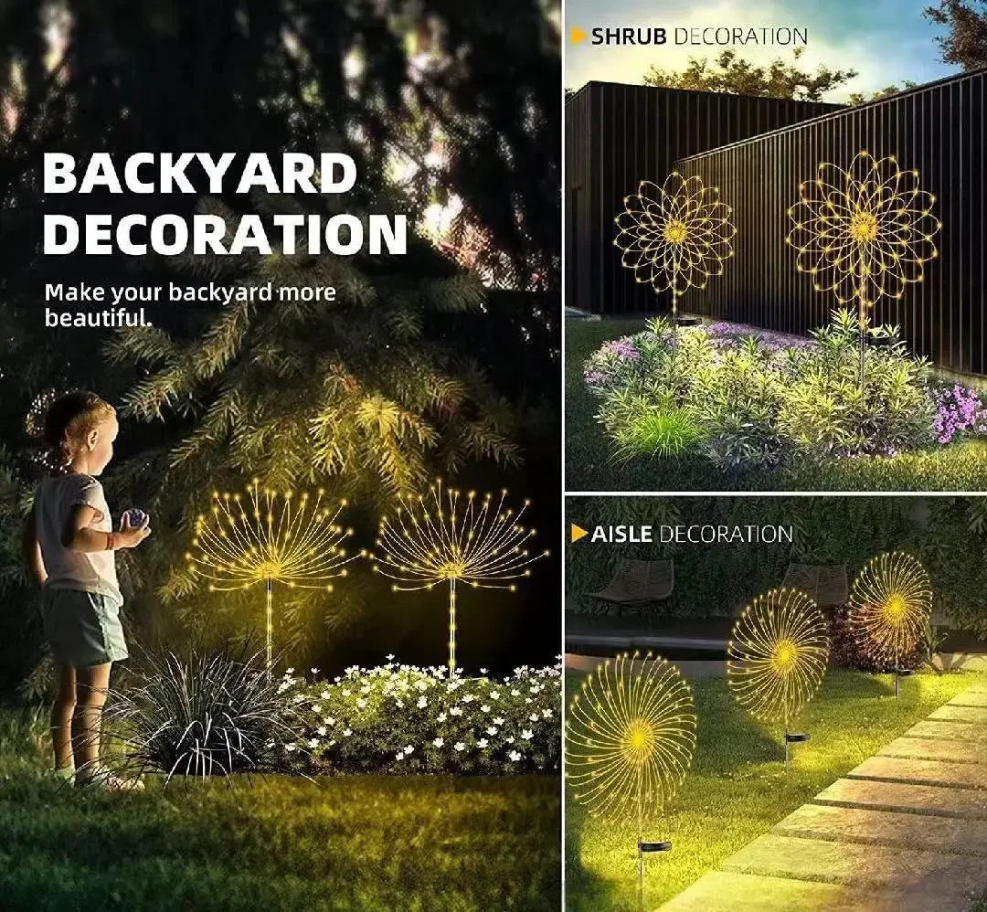 A garden scene showing various decorative solar firework LED fairy lights in different designs.