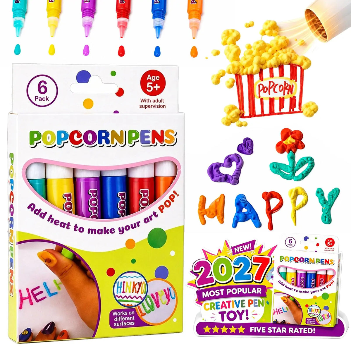 A box of Popcornpens art tools showing various colored pens and a hand using them to draw on paper.