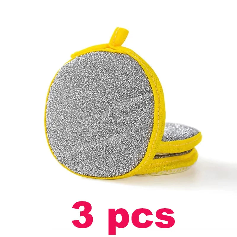 Three yellow and gray double-sided non-stick dish sponges with scouring pads