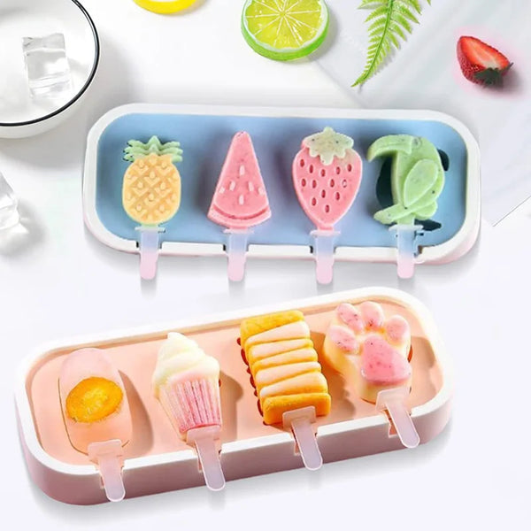 A set of silicone popsicle molds featuring various fruit shapes like pineapple, strawberry, and kiwi in pastel colors.