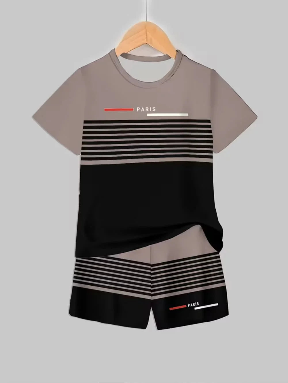 A light gray t-shirt and matching black and gray striped shorts set displayed on a hanger.