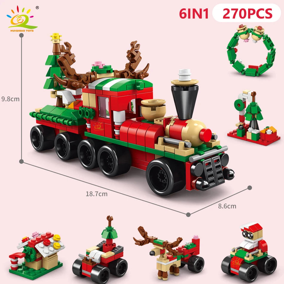 A set of 6-in-1 building blocks featuring a red and green train with Christmas elements like a snow house, Santa, and deer.
