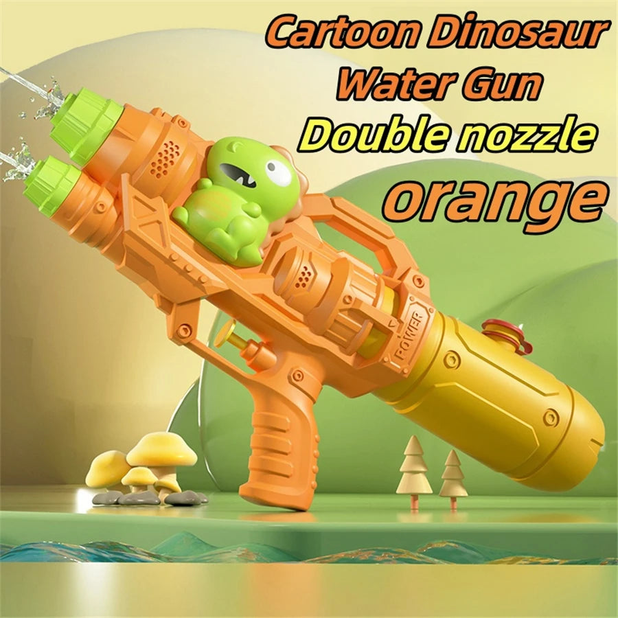 Orange cartoon dinosaur water gun with a double nozzle, shown in a green outdoor setting.