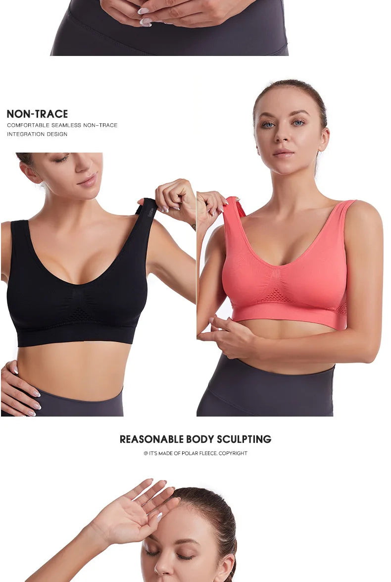 A woman models a black sports bra and a coral-pink sports bra, highlighting non-trace integration design.