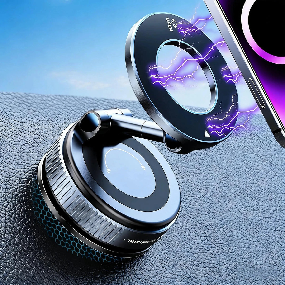 A close-up of a 360° rotating magnetic foldable phone holder with purple lightning effects resting on a dark surface.