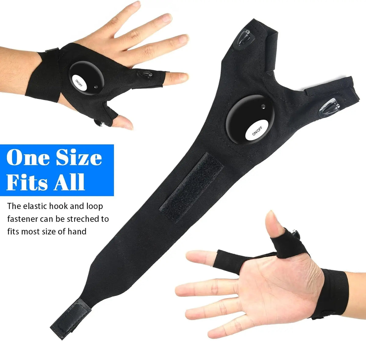 Black LED fingerless gloves with a built-in flashlight shown being worn on a hand.