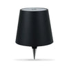 A black LED table lamp with a conical shade and a silver touch control button.