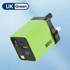 A lime green 80W USB-C fast charger with a black housing and retractable cable is shown against a light blue background.