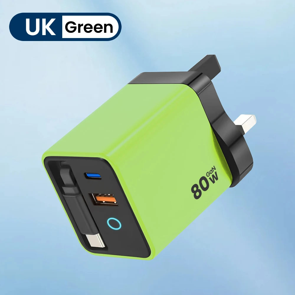 A lime green 80W USB-C fast charger with a black housing and retractable cable is shown against a light blue background.