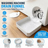 A white washing machine drain funnel tray is shown being installed into the drain opening of a front-load washer.