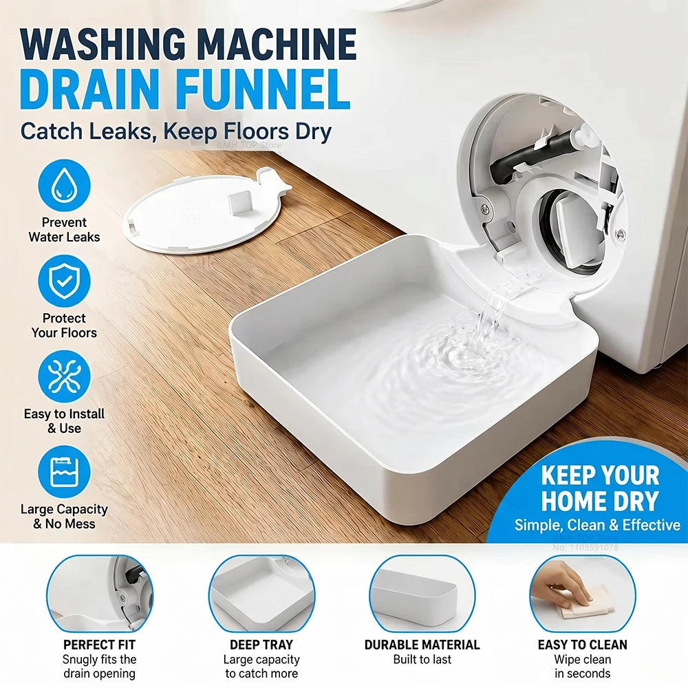 A white washing machine drain funnel tray is shown being installed into the drain opening of a front-load washer.