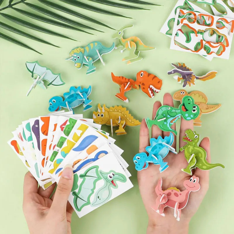 A hand holds a colorful 3D foam animal puzzle set featuring various dinosaur and jungle creatures on a light green background
