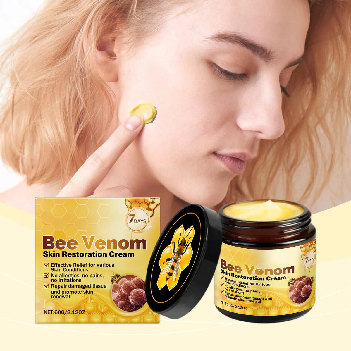 A woman applies Bee Venom Skin Restoration Cream to her face, showing the jar and packaging.