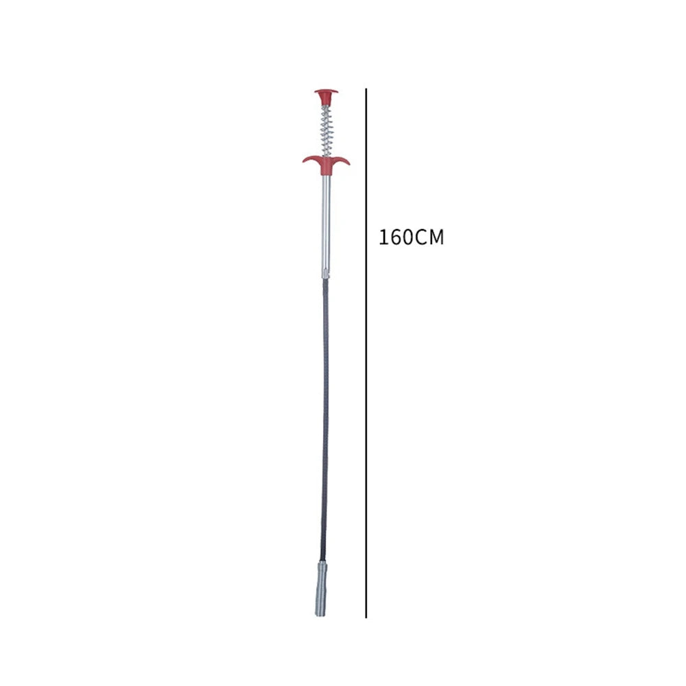 A long, thin drain snake tool with a red handle and silver shaft, measuring 160cm.