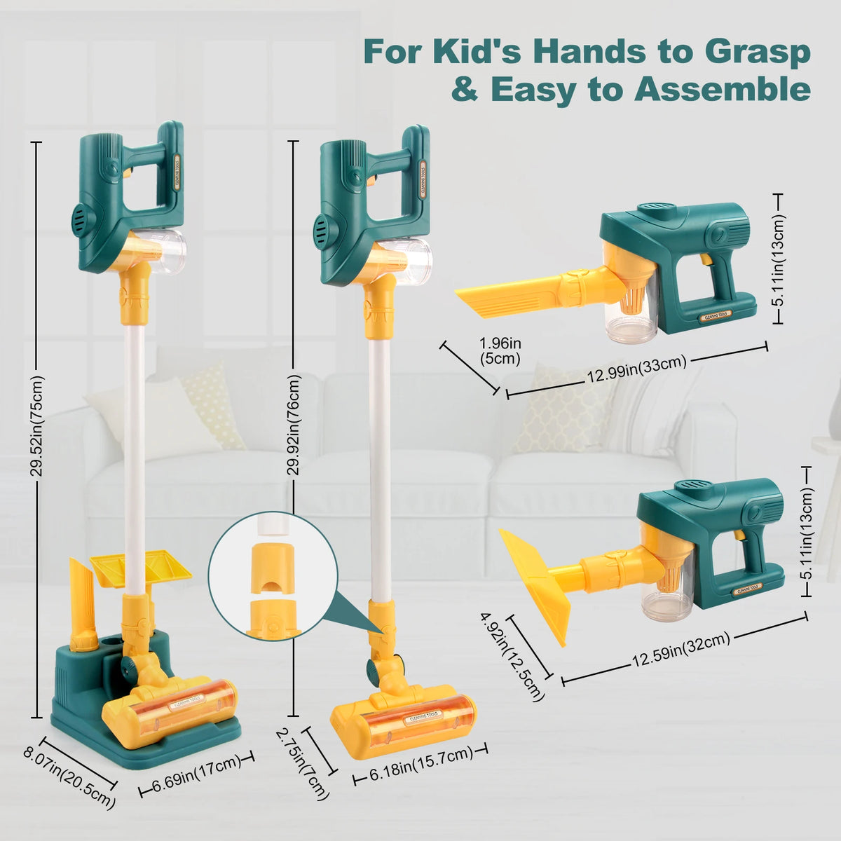 A set of kids' interactive toy vacuum cleaners in green and yellow, showing various components and assembly instructions.
