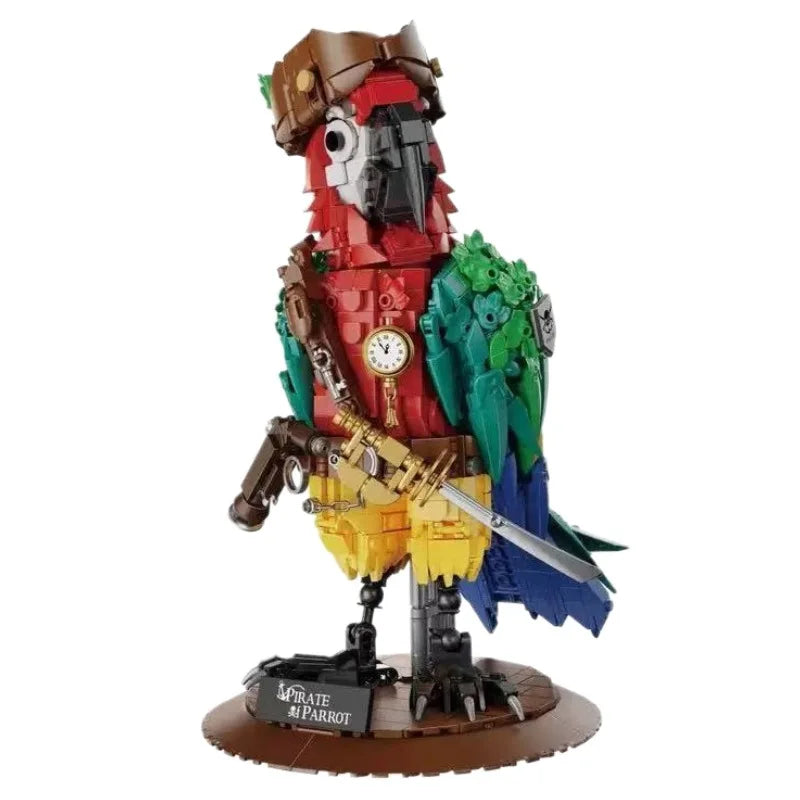 A detailed sculpture building block set depicting a pirate figure with a skull face and green and blue clothing.