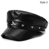 Black PU leather beret hat with a silver star detail shown in a side profile view.