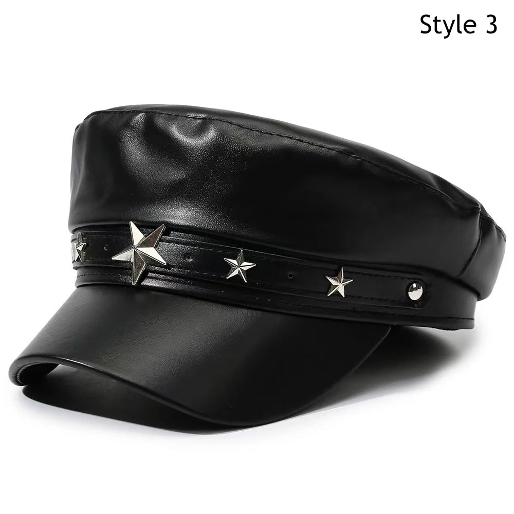 Black PU leather beret hat with a silver star detail shown in a side profile view.