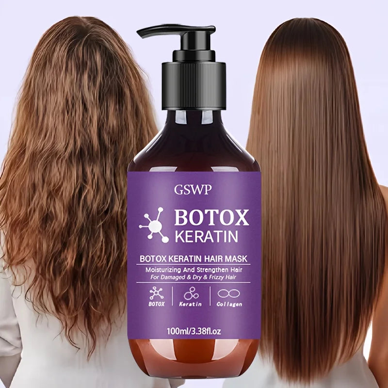 En mørk glassflaske med Botox Keratin Hårmaske mellom to kvinner med langt brunt hår.