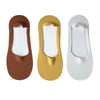 Three pairs of men's no-show socks with silicone grip in brown, gold, and white.