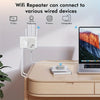 جهاز مكرر Wi-Fi أبيض موصل بمقبس كهربائي بالقرب من مكتب خشبي مع أجهزة سلكية متنوعة