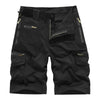 Black men's cotton cargo shorts featuring multiple pockets and a zipper fly.