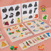A wooden Montessori shadow matching puzzle game featuring various silhouettes and objects for children.