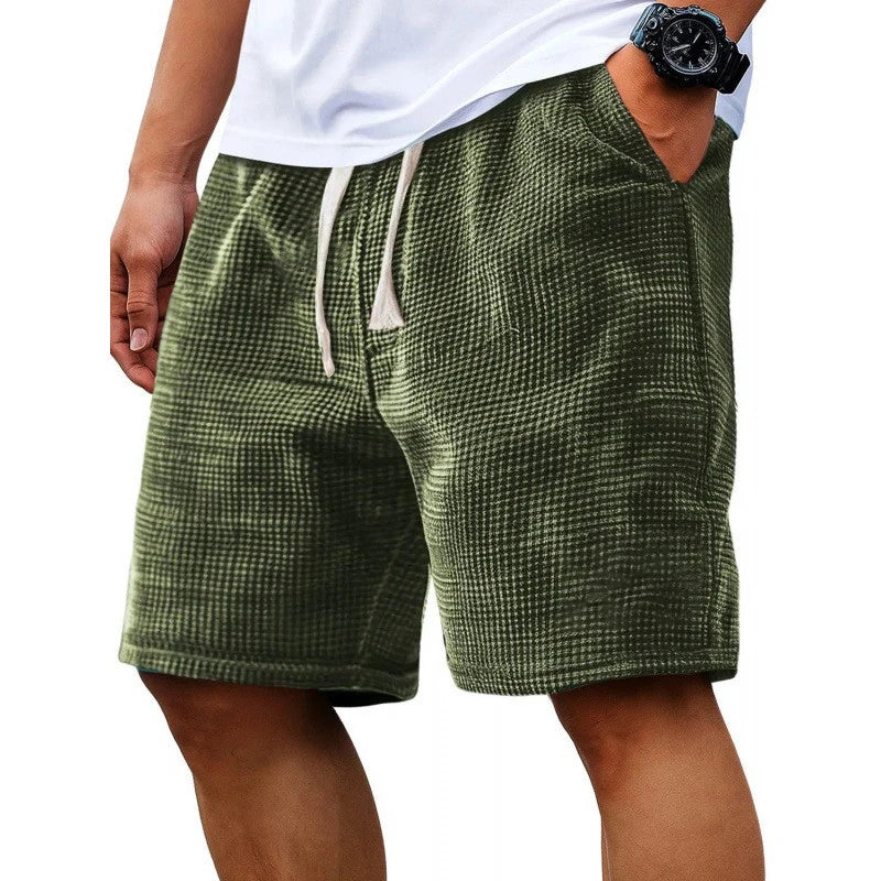Shorts casual para hombre, textura gofrada, cordón ajustable, color verde oliva