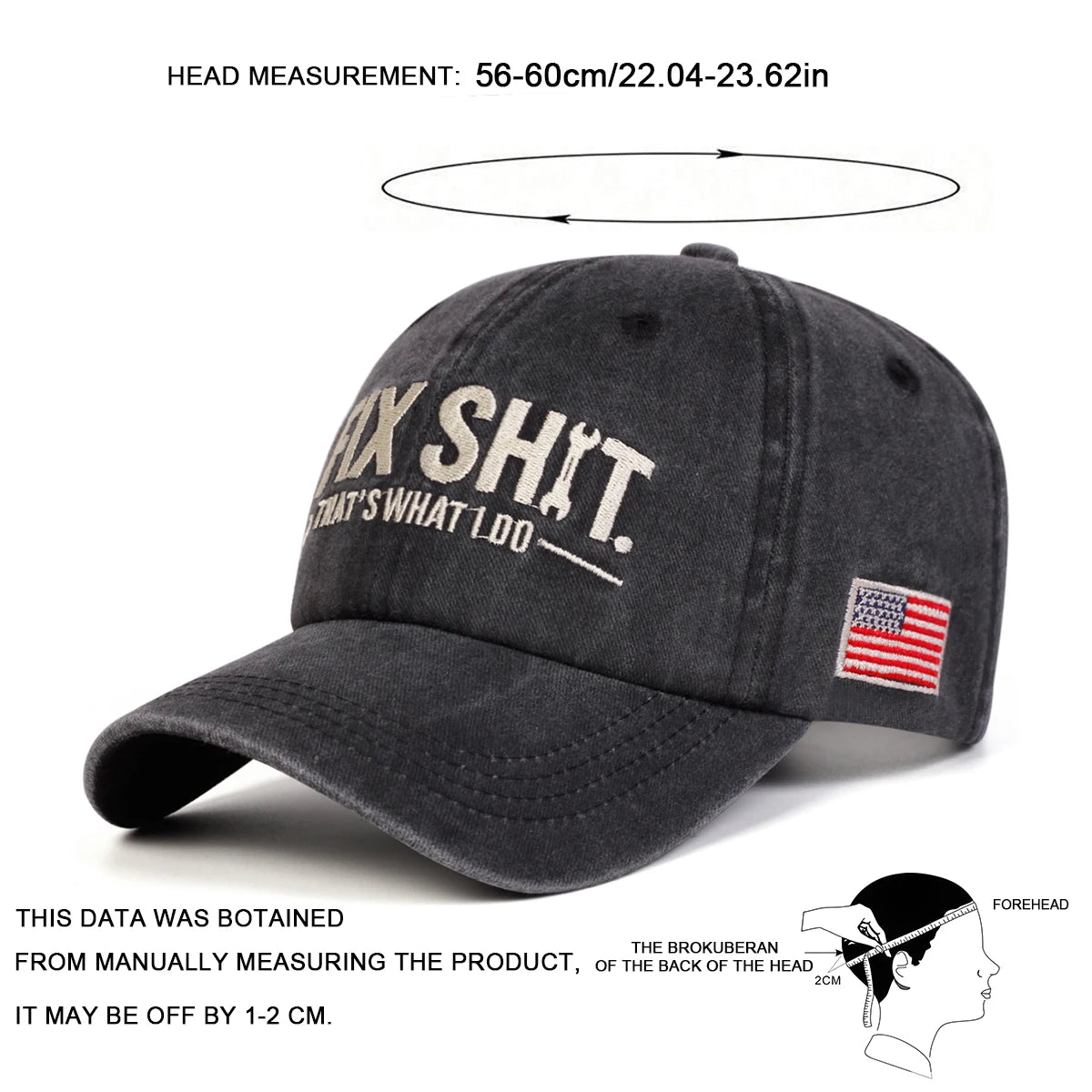 A black embroidered baseball cap shown from the front, with a measurement guide indicating head size.