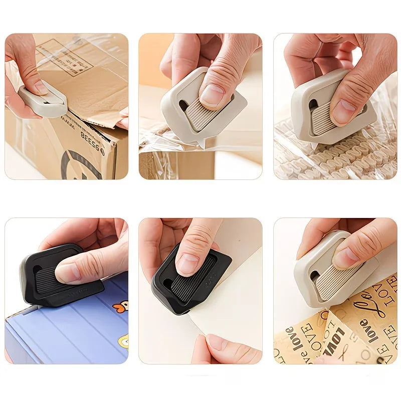 Close-up shots show a ceramic blade cutter with a magnetic lock being used to cut materials like cardboard and paper.