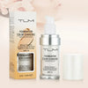 A bottle of TLM foundation color changing and adjusting naked with a white pump dispenser and packaging box.
