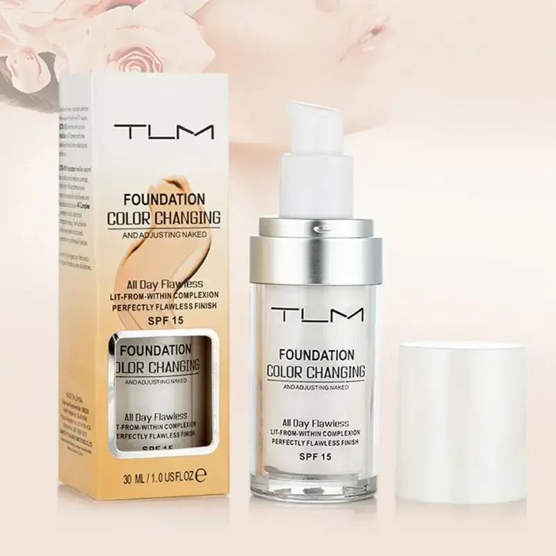 A bottle of TLM foundation color changing and adjusting naked with a white pump dispenser and packaging box.