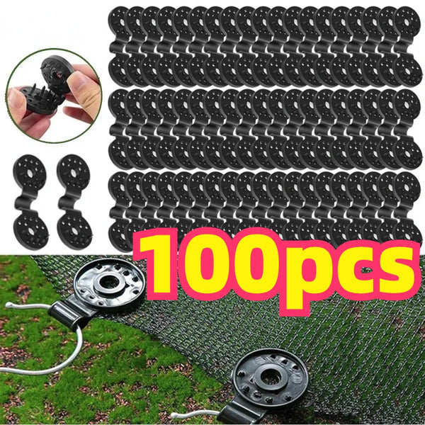 A collection of 100 heavy-duty black plastic awning clips for securing shade cloth and netting, shown in various arrangements