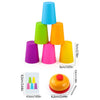 A set of six color-matching plastic cups in various shades of blue, green, yellow, and pink stacked vertically.
