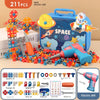 A box of pretend play repair tool kit with various screwdrivers and drills, including an electric drill and various tools for