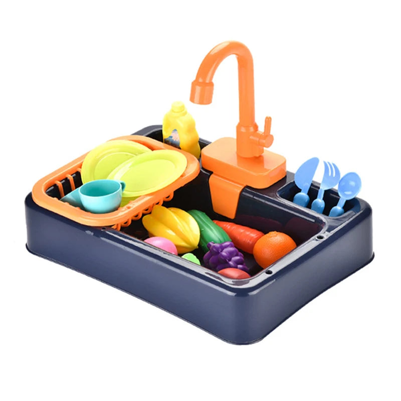 Orange kids pretend play kitchen sink set with running water featuring various plastic dishes and utensils