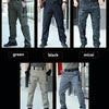 Présentation de pantalons cargo tactiles en plusieurs couleurs : vert, noir, mica, kaki et gris.