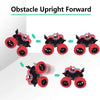 A black pull-back stunt SUV toy car with red wheels is shown in various upright forward positions.
