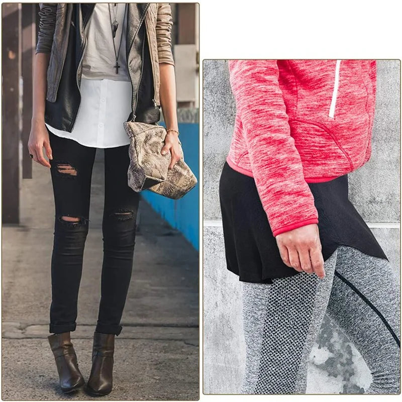 A woman wearing a black leather jacket and ripped jeans standing outdoors, with an adjustable shirt extender visible.