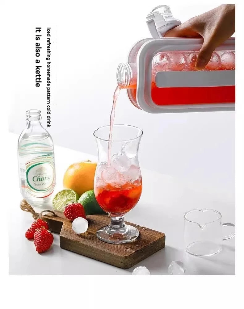 A hand pours liquid from a portable ice cube tray mold into a glass, demonstrating the product's use.