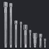 A collection of chrome steel socket extension bars in various lengths and drive sizes displayed vertically.