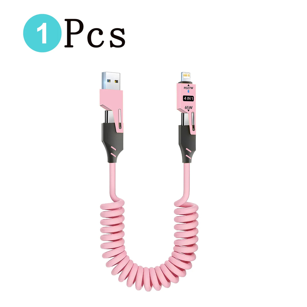 A pink retractable USB-C fast charging cable with a 4-in-1 adapter and 65W power delivery.